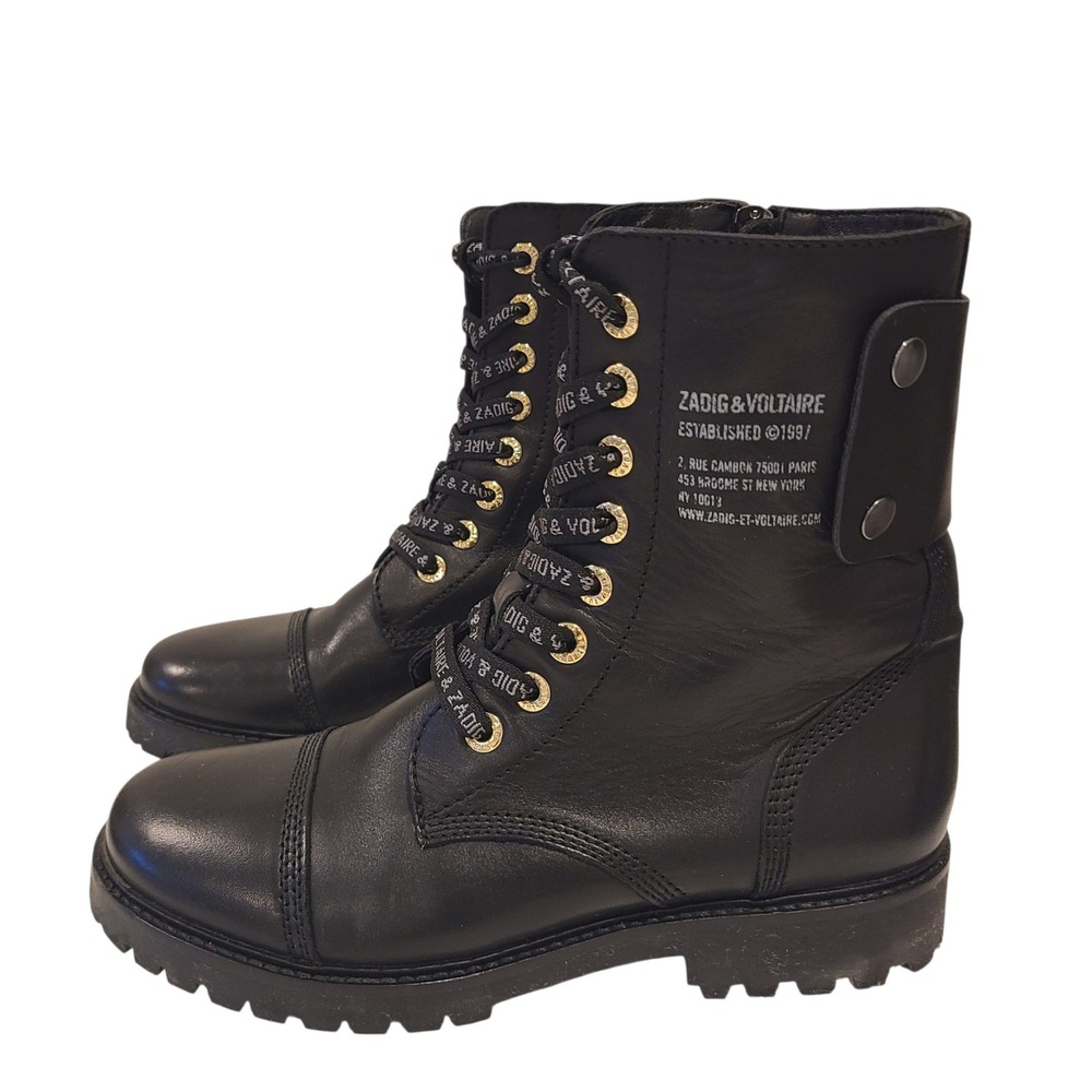Zadig & Voltaire Joe Black Leather Combat Boots Logo Laces Lug Sole EU 40, US 9